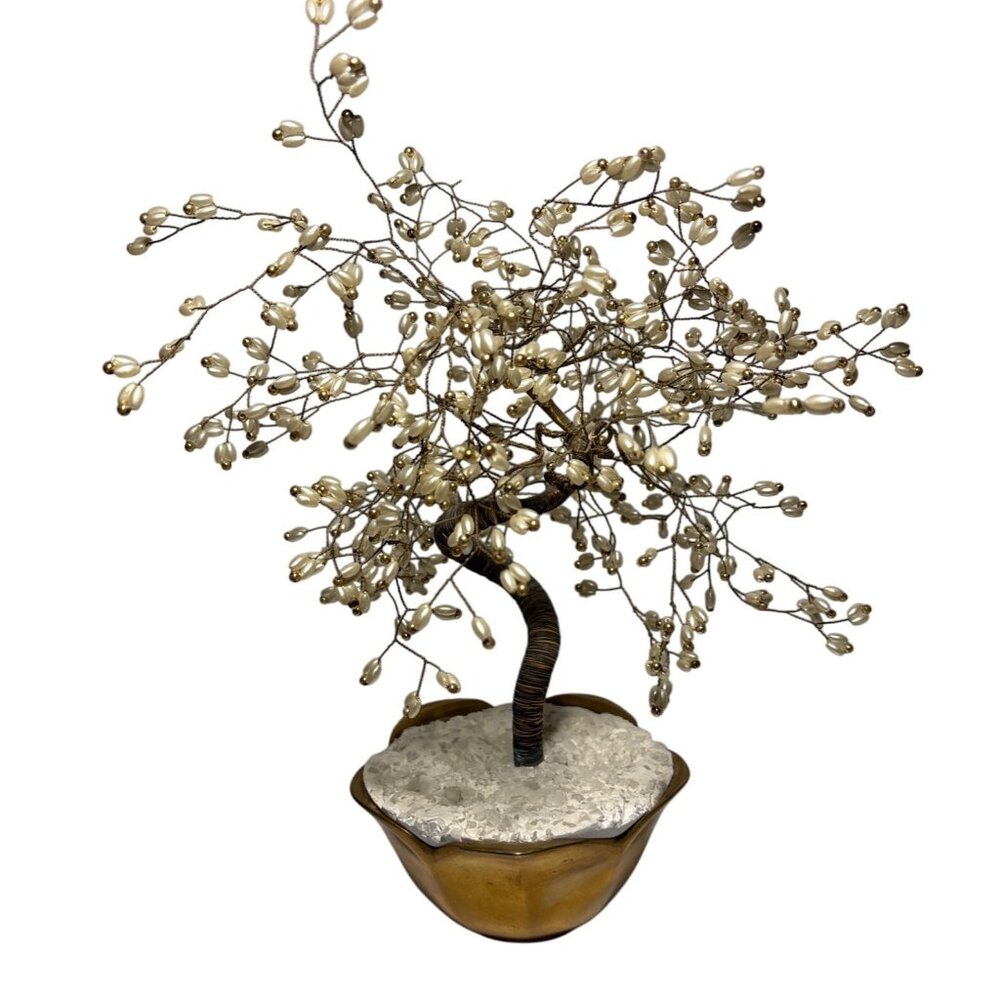 Ming Tree Wire Sculpture Bonsai Style Faux Pearl Bead Blossom Brass Pot 10"